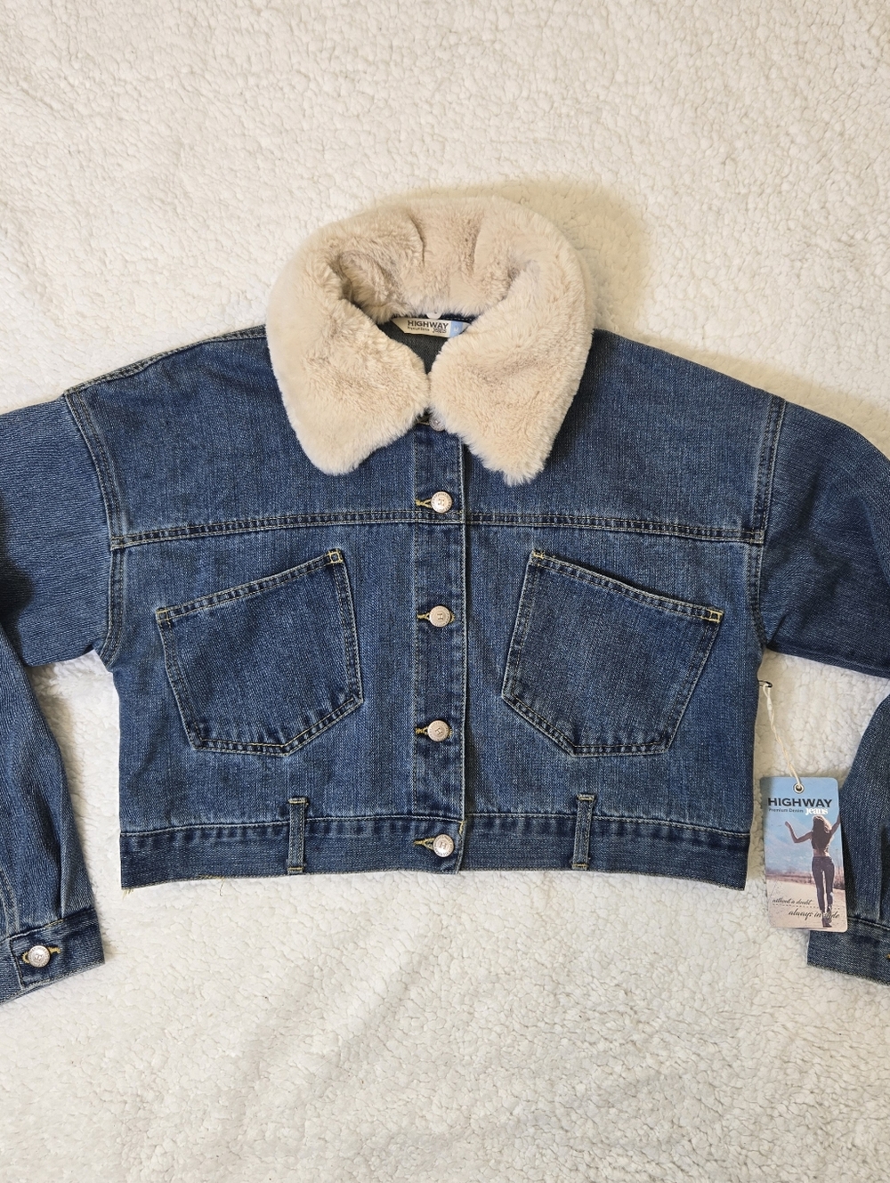 Highway Jeans Denim Jacket Fur Collar Cropped Jean Big Pockets Medium NWT